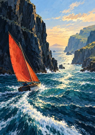 Small red-sailed boat on choppy turquoise water between steep dark cliffs, heading toward a bright distant sea opening.