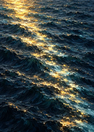 Diagonal gold and pale-cyan sunlight reflected across rolling indigo and petrol-blue ocean waves, with no horizon or shoreline.