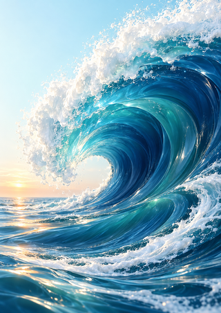 Large curling turquoise and blue wave with a white foamy crest and spray, pale sky and low horizon with a small warm glow.