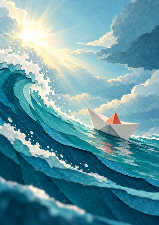 Small folded white paper boat with a coral-red detail riding a sweeping turquoise wave beneath a bright cloud-filled sky.