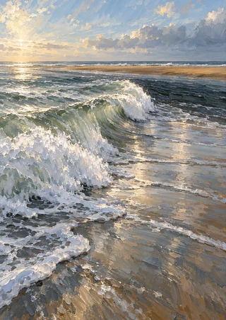 A curling white-and-green breaker rolls toward a dark tidal channel across reflective wet shore beneath a broad sky.