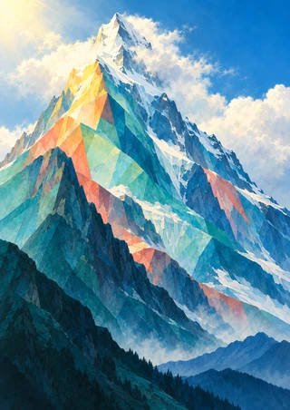 Portrait geometric landscape of a colorful faceted alpine mountain with a bright snowy summit rising through creamy clouds above a small dark-blue ridge.