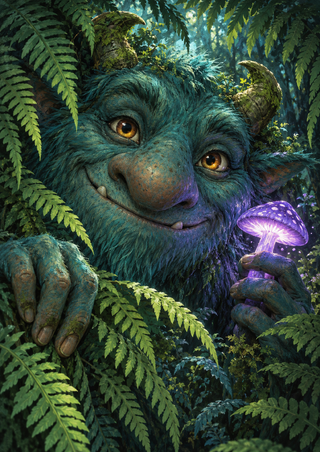 Teal-green furry forest troll with amber eyes peering through ferns beside a glowing violet mushroom.