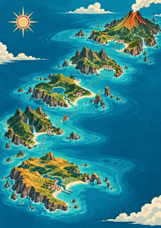 Bird's-eye illustrated tropical island chain with a small red sailing vessel on a dotted route toward a bright orange volcano.