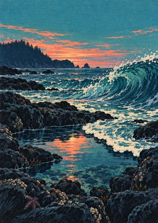 A curling indigo wave rolls into a reflective rocky tidepool beneath a turquoise dusk sky with coral-pink afterglow.