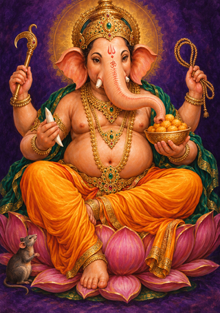 Seated elephant-headed Ganesha with multiple arms, a crown, sweets, a small mouse and a gold halo on a purple background.