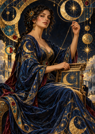 Seated adult woman in a patterned blue gown holding a golden thread above a small loom amid gold celestial motifs.