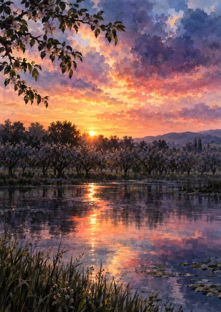 Sunrise glows through an orchard-like tree line above a pond, with a bright reflection and overhanging leaves.