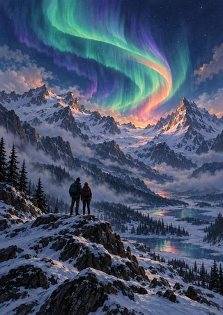 Two hikers on a snowy ridge look toward a sweeping green, teal and violet aurora above snowy mountains and reflective valley water.