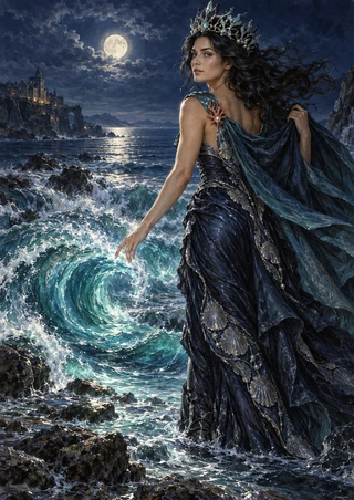Adult woman in a dark gown and branching sea-glass-like crown beside a luminous wave on a moonlit rocky coast, with a distant castle.