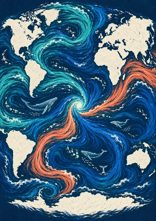 Stylized world ocean with turquoise, blue and coral current streams spiraling around a bright central whirlpool, with pale continents and small whales.