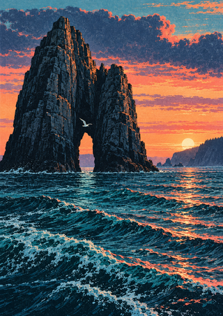 Portrait seascape with a tall dark sea stack and narrow arch, a small pale bird passing through it, textured waves, and a low sunrise at right.