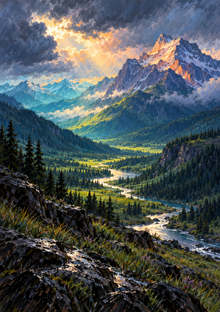 Apricot-lit mountain peak beneath a break in storm clouds, with pine-covered slopes and a winding reflective river.