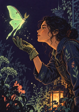 Adult woman in a dark botanical jacket leaning toward a pale-green moth hovering above her gloved hand, with a lantern below.