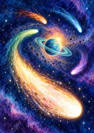 Five luminous comets with sweeping tails surround a small turquoise ringed planet against a blue-violet starry nebula.