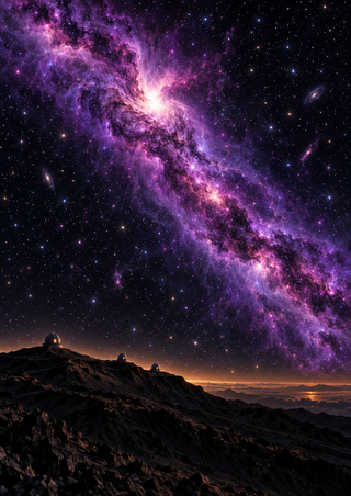 A bright violet-magenta nebula sweeps across a starry indigo sky above a dark ridge with three tiny observatory domes.