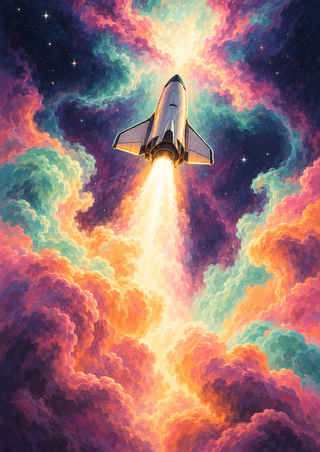 Rear view of a compact shuttle ascending through a bright nebula opening, framed by colourful clouds and a central exhaust plume.