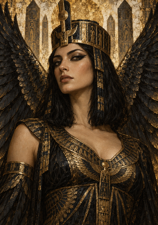 Solemn portrait of Maat with a tall ornate headdress and broad black feathered wings against a warm gold-toned relief backdrop.