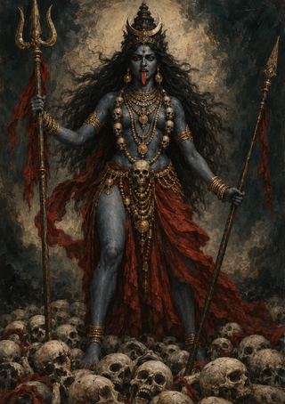 Blue-gray-skinned multi-armed goddess-like figure with a trident, spear-like implement, crescent-topped crown, red drapery, and skulls.