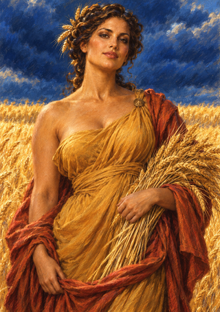 Woman in a gold-toned classical garment holding wheat in a golden field beneath a deep blue sky.
