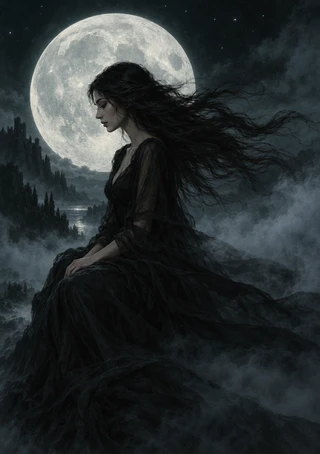 Nyx depicted as a seated, dark-haired woman in a flowing black dress beneath a large full moon, with a wooded ridge and misty water beyond.