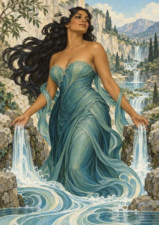 Full-length woman in a flowing teal gown stands between twin waterfalls, water streaming from both hands, with cliffs, trees, and distant mountains.