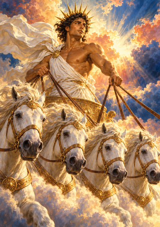 Radiant sun-crowned man in a golden chariot among four white horses beneath bright clouds.