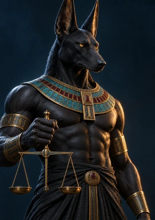 Black jackal-headed humanoid in Egyptian-style jewelry and a dark wrap holding a gold-toned balance scale against a deep blue-black background.