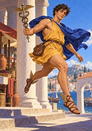 Young man in a yellow tunic and blue cloak carrying a winged serpent staff through a classical harbor.