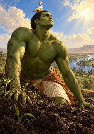 A green-skinned figure identified as Geb rises from dark soil amid small plants, with a white bird and sunlit river valley behind.