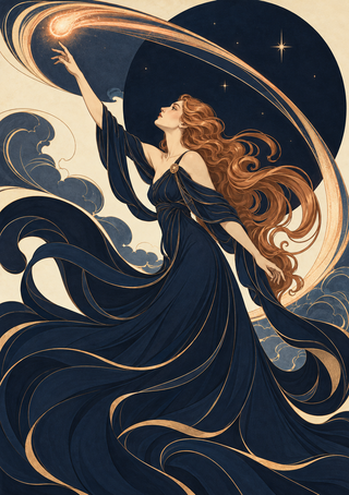 Red-haired woman in a flowing navy gown reaching toward a luminous comet amid stars and stylized clouds.