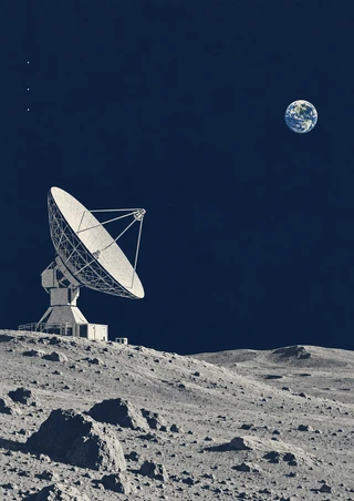 Large lattice radio dish on a rocky lunar-looking ridge, with Earth and three small points in a deep indigo sky.