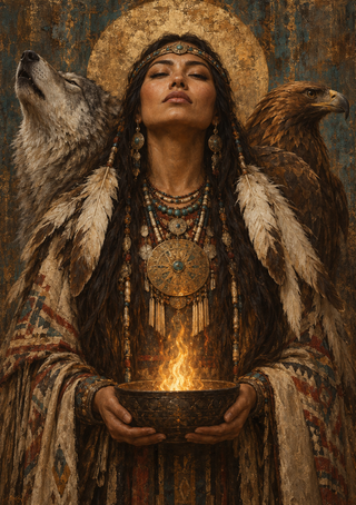 Feather-clad woman holding a flaming bowl between a wolf-like animal and an eagle, with a circular gold halo behind her.