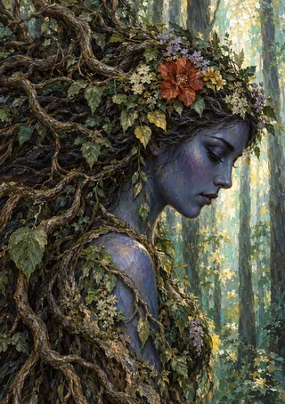 Blue-skinned Gaia in profile with closed eyes, her hair and upper body entwined with roots and foliage, pale flowers, and a rust-red bloom.