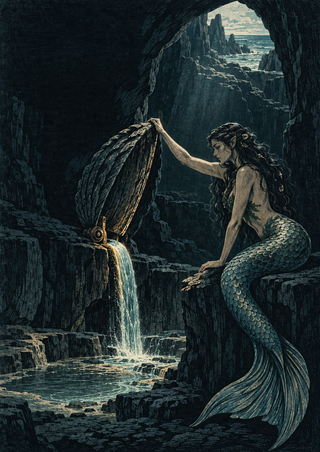 Dark-haired mermaid braced on a rock ledge opens a large shell-like gate, releasing a stream into a shadowy cavern pool.