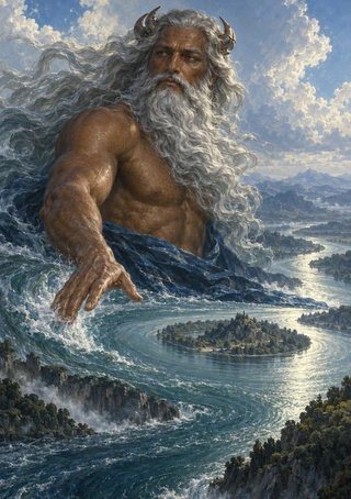 Silver-haired, bearded figure rising from blue water and reaching toward a winding river and green island, with mountains behind him.