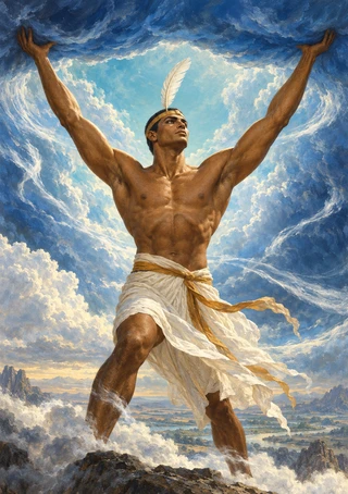 Full-length Shu in white drapery and a feathered headband raises both arms beneath a sweeping canopy of clouds.