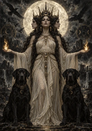 Three-faced crowned woman holding flames beneath a full moon, flanked by ravens and two black dogs.