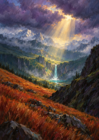 A narrow turquoise waterfall flows into a small pool beneath golden sunbeams and violet clouds, framed by a rust-red meadow and dark ridge.