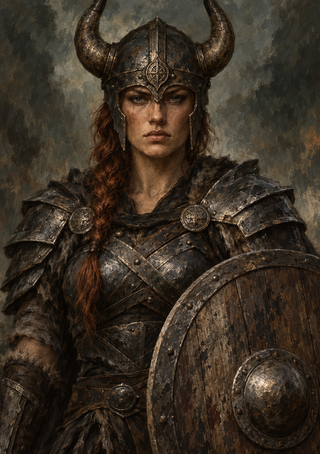 Red-haired armored woman in a horned helmet holding a large round shield.