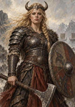 Armored blonde woman with a horned headpiece, axe and round shield stands before distant ships on a rocky coast.