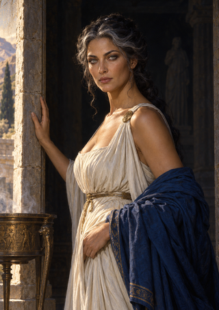 Woman in a cream draped gown and deep-blue wrap beside a carved stone column and ornate bronze-toned vessel.