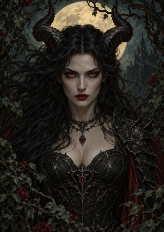 Horned woman with glowing red eyes and ornate black armor before a full moon, with dark foliage and a distant castle-like structure.