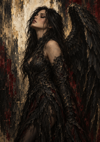 Nyx depicted in profile with dark hair, a black feathered wing and a textured dark gown against a distressed pale and muted-red background.