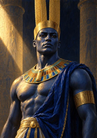 Blue-skinned man in a tall gold headdress, jeweled collar and blue drapery, framed by monumental columns and golden light.