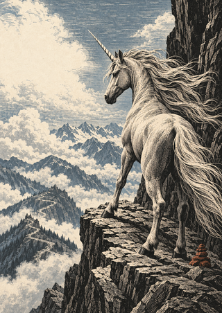 Pale unicorn with windblown mane on a rocky mountain ledge above clouds, distant peaks, a switchback trail, and a small cairn.