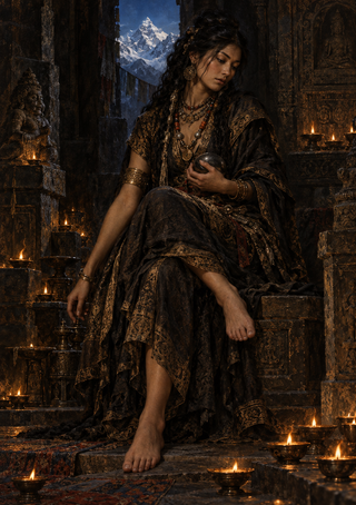 Seated woman in dark layered robes among candlelit stone steps, with a snowy mountain visible through an opening.
