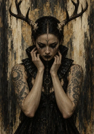 Woman with branching antlers, closed eyes, raised hands, dark clothing, pendant, and marked arms against a distressed background.