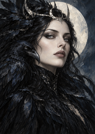 Close portrait of a woman in a feathered cloak beside a black raven, with a crescent-like crown and full moon behind her.