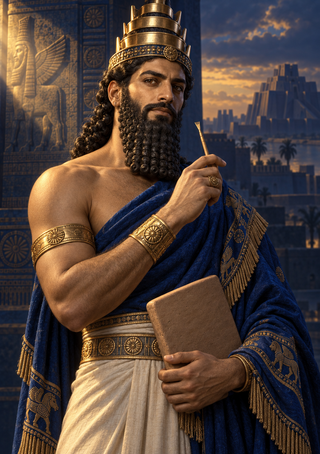 Bearded figure in a tiered gold headdress and patterned blue robe holding a stylus and clay tablet before stepped city architecture.